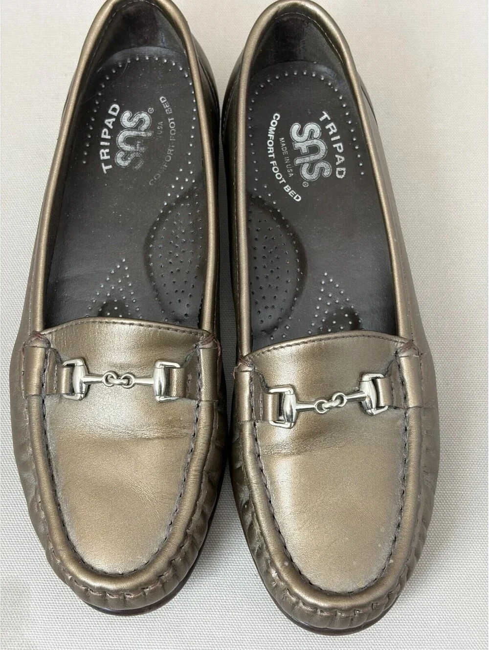 SAS Womens 5.5 M Pewter Metallic Leather Horsebit Loafers Tripad Comfort USA